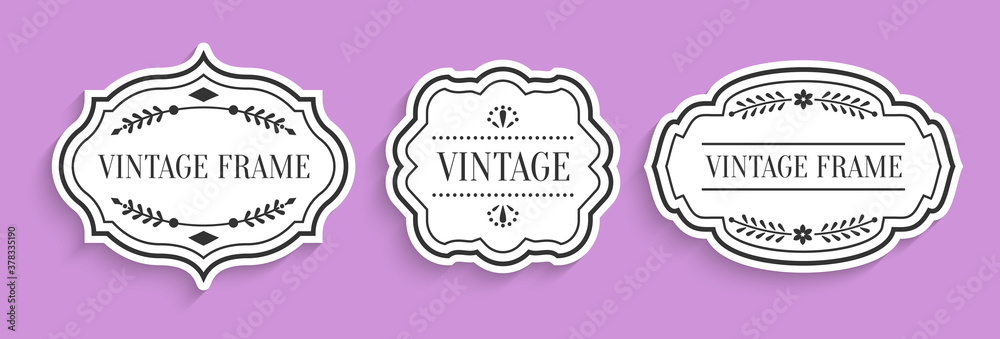 Retro vintage white labels paper cut set with shadow. Different shape empty border tag menu sale price with decorative elements. Package template for text banner, sticker. Isolated vector illustration
