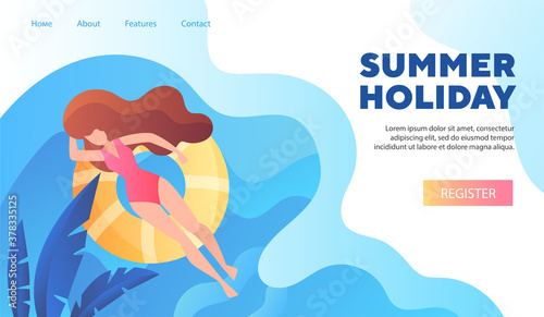 Photography Summer Holiday travel web template with woman floating on a ring in a swimming p
