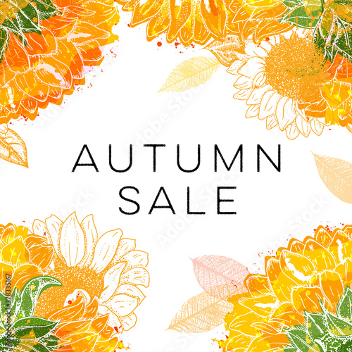 Autum Sale. Discount banner or flyer design template with vibrant autumn leaves, sunflowers, and copy space