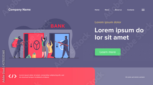 Gangsters with gun robbing bank. Criminals aiming riffle at workers, taking bags with money. Vector illustration for finance, security, robbery, burglars concept