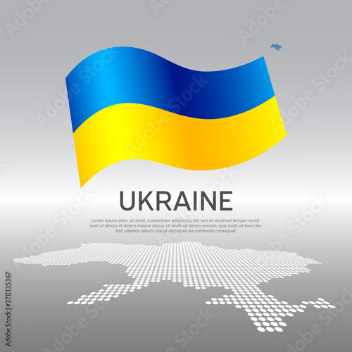 Ukraine wavy flag and mosaic map on light background. Creative background for the national ukrainian poster. Vector design. Business booklet. State ukrainian patriotic banner, flyer