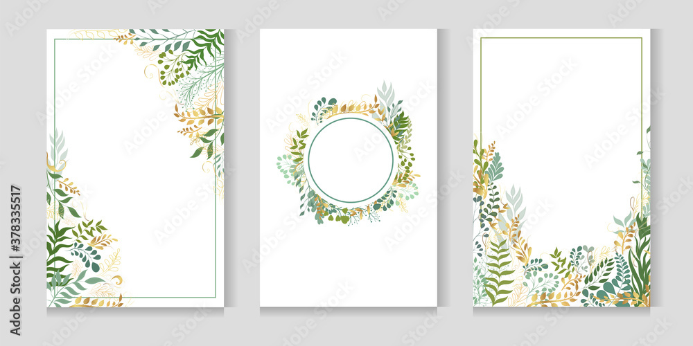 Fototapeta Vector postcard set. Plant leaves and twigs. Greeting cards with place for text.