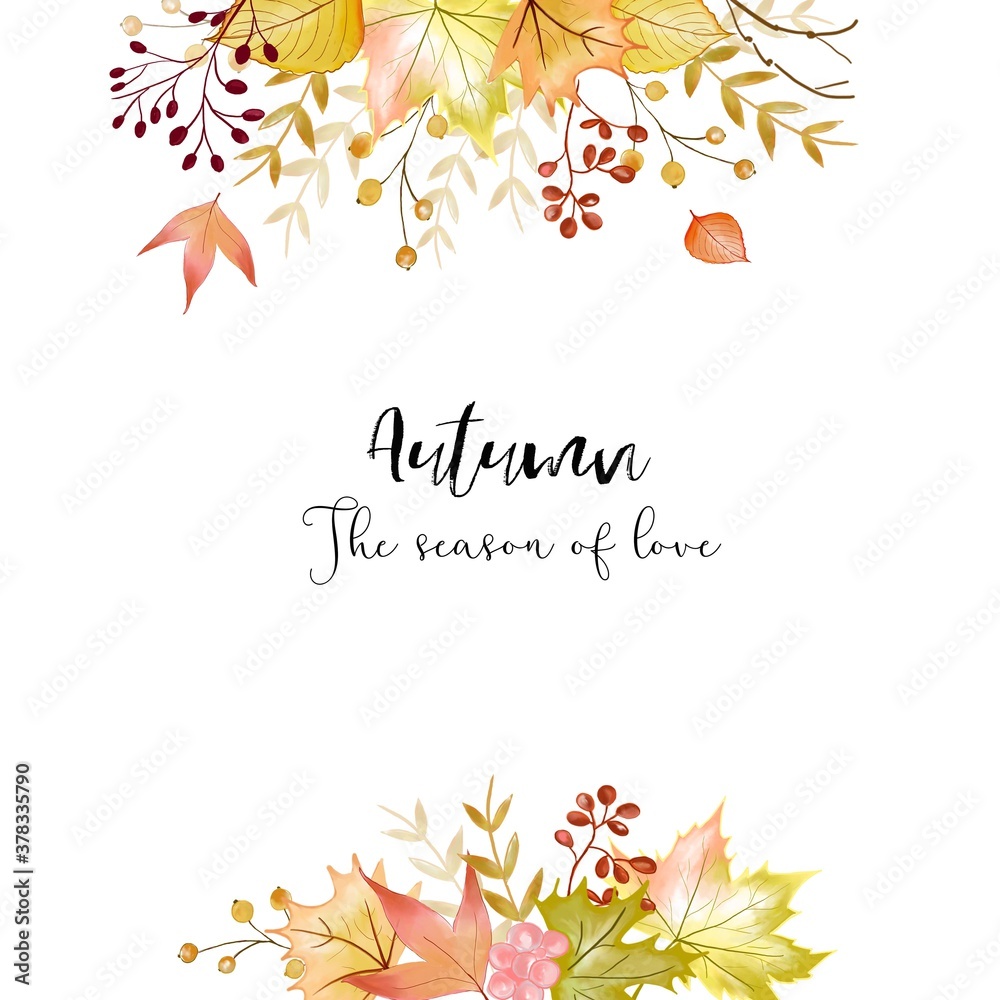 Autumn floral background with watercolor leaves and foliage with text ...