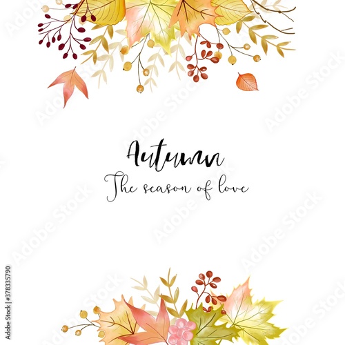 Autumn floral background with watercolor leaves and foliage with text written on it in white background.