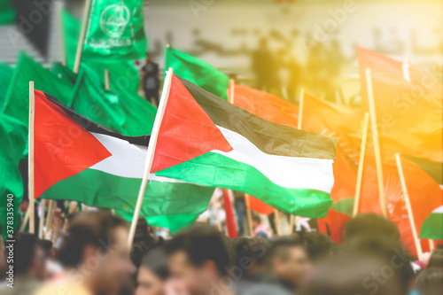 Palestine flags held by Palestinian people with sun flare concept