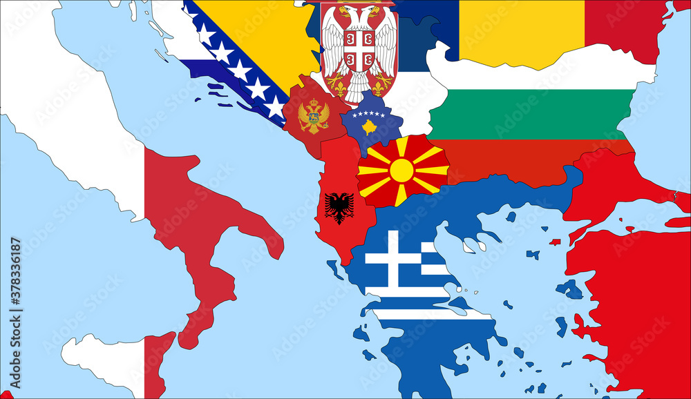 Centered Map of Albania with Neighboring Countries