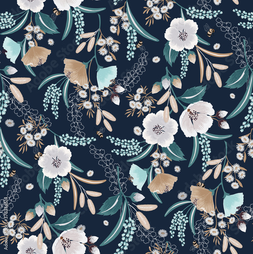 Vector illustration of seamless floral pattern in spring for Wedding, anniversary, birthday and party. Design for fabric, wallpaper, picture frame, poster