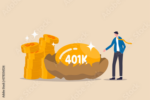 Retirement 401K investment, tax defer mutual fund for salary man financial success concept, happy young businessman investor stand with wealthy golden egg with word 401K and dollar money coin stack.