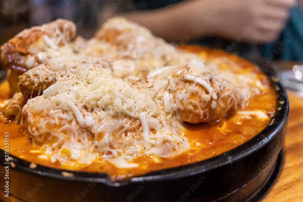 Nurungji(means crust of overcooked rice) Chicken with cheese and sauce