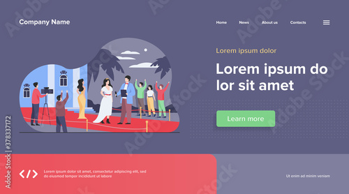 Celebrities walking along red carpet isolated flat vector illustration. Cartoon famous people posing to paparazzi camera. Movie festival and fashion stars show concept