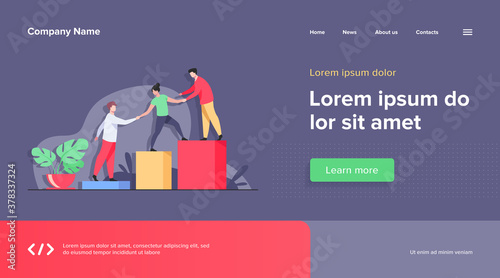 Employees giving hands and helping colleagues to walk upstairs. Team giving support, growing together. Vector illustration for teamwork, mentorship, cooperation concept