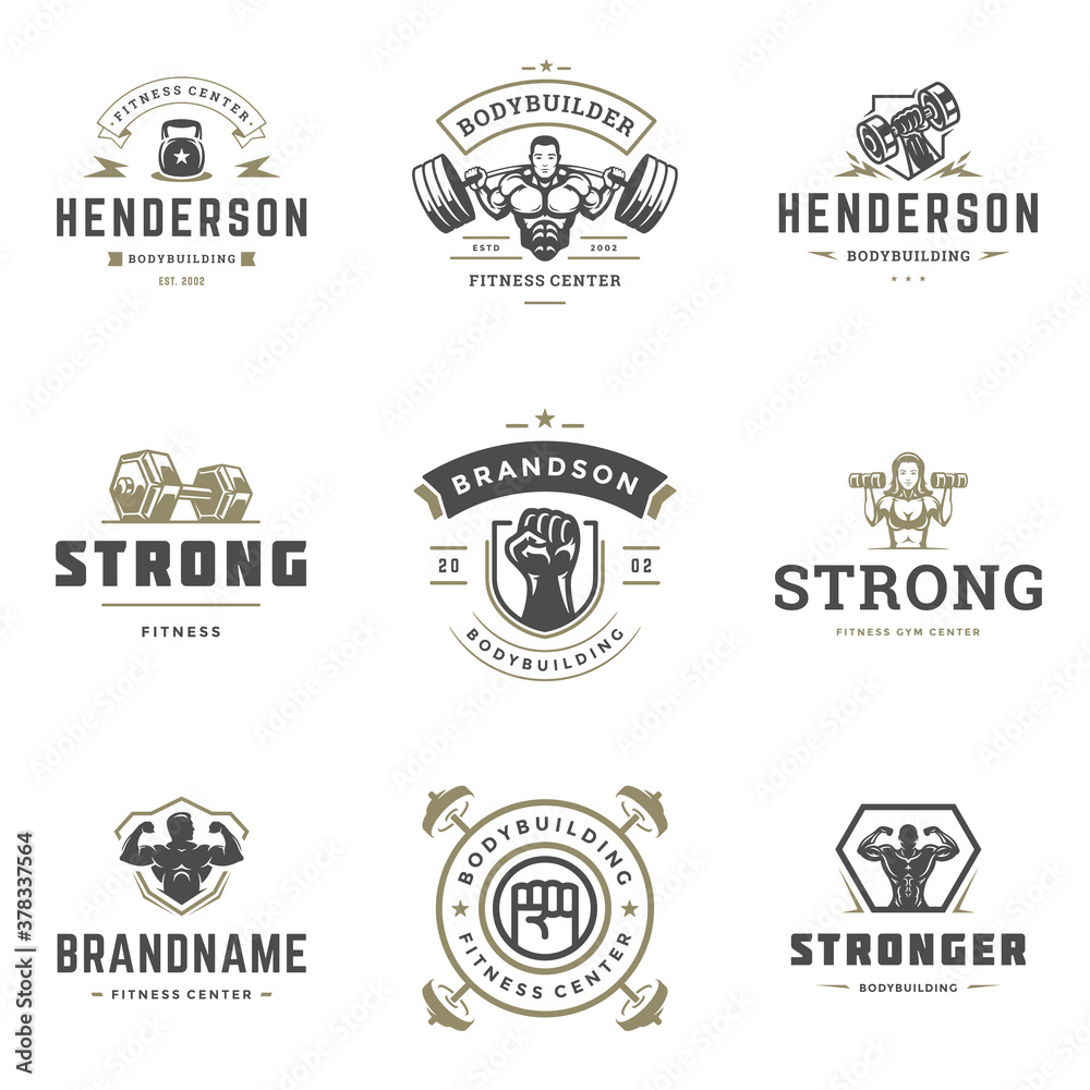 Fototapeta Fitness center and sport gym logos and badges design set vector illustration typographic labels with sport equipment