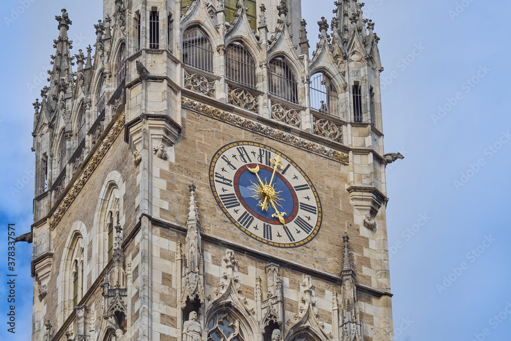 Clock tower of Rathaus, closeup. Detail of the New Town Hall at Marienplatz in Munich