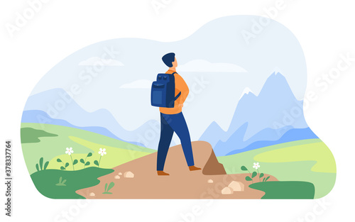 Active tourist hiking in mountain. Man wearing backpack, enjoying trekking, looking at snowcapped peaks. Vector illustration for nature, wilderness, adventure travel concept