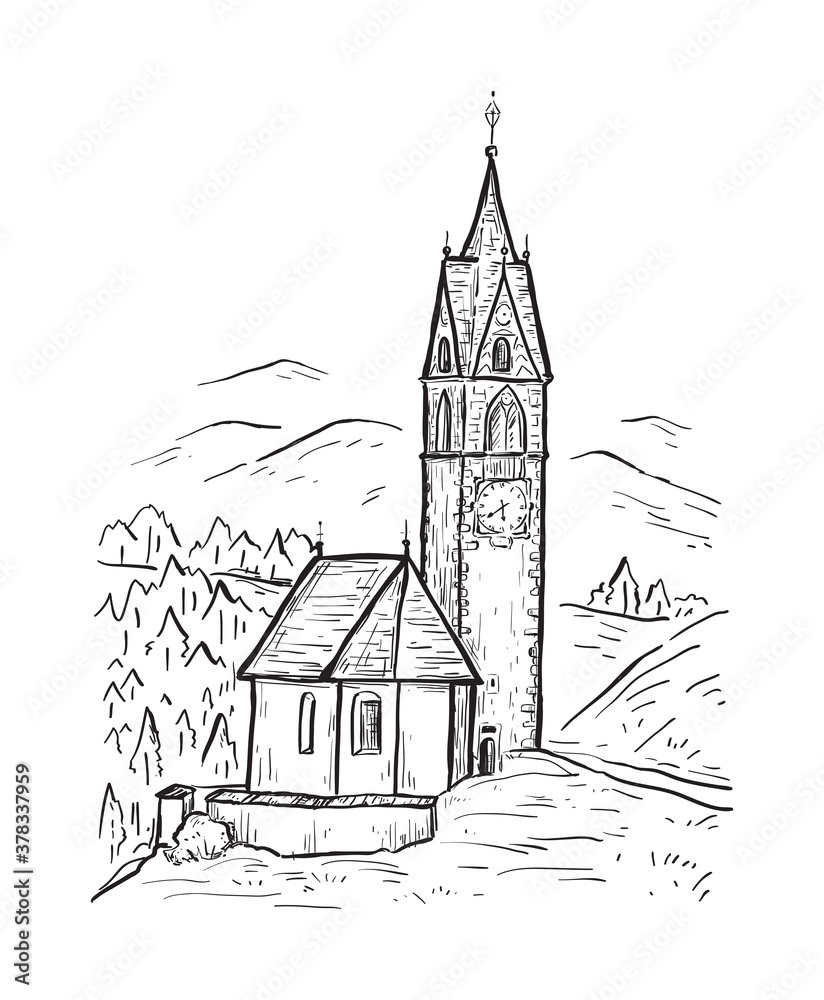  Santa Barbara chapel in the village of La Valle, Alta Badia. Italy, Europe. South Tyrol. Sketch hand drawn vector illustration with church on the mountain. Black line isolated on white
