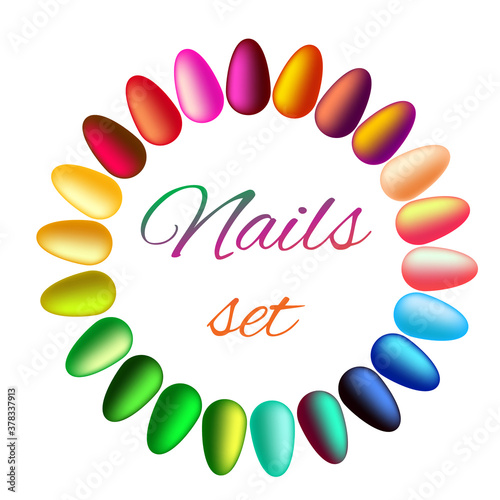 Nails set. Bright color options for gel polish. Collection of gradient shades for manicure varnish art. Examples of color tips for design in the beauty industry.