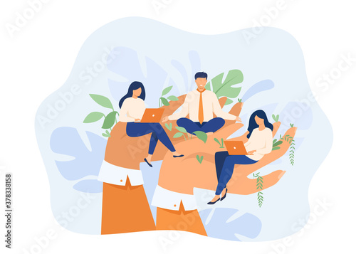 Giant hands holding working employees. Employer taking care about workers. Vector illustration for growing professionals, corporate support, career, benefits concept