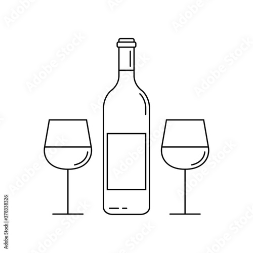 Wine bottle with wine glasses line icon. Outline silhouette. Vector illustration.