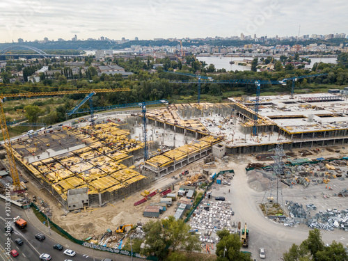 Aerial drone view. Construction of a large shopping center