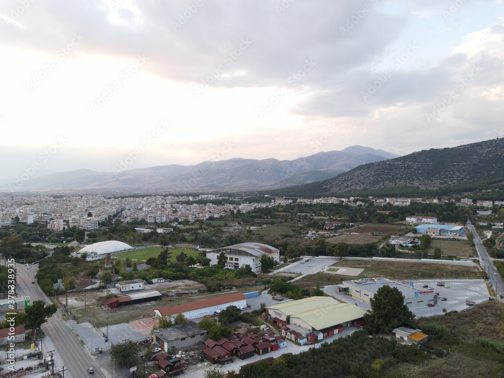 Aerial drone photo over the city of Drama, in Northern Greece