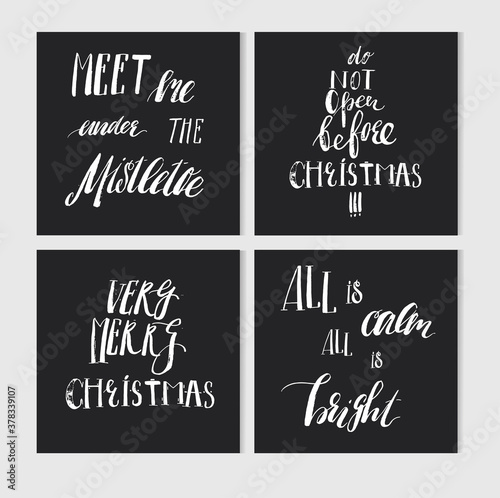 Hand made vector abstract Merry Christmas greeting cards set with elegant handwritten modern Merry Christmas calligraphy phases and quotes isolated on white background.Happy New Year concept