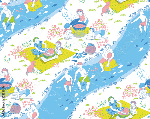 Vector seamless illustration for families enjoying water play by catching fish in a stream in summer. The modern design of Korea. Design for fabric, web design, print project, and rapping