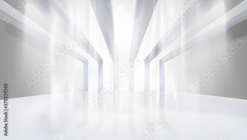 Empty hall in a modern office building. Illuminating sun rays. Graphic elements for your design. Vector illustration.