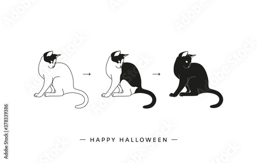 Happy Halloween greeting card design with cats in minimalist style. Feline changing his color for Halloween celebration. - Vector illustration © Mariya