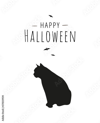 Halloween greeting card design with black cat silhouette, text and small bats on white background. Black and white minimalist illustration