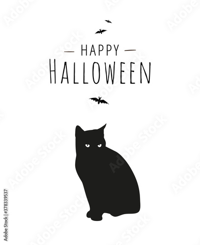 Fototapeta Naklejka Na Ścianę i Meble -  Happy Halloween greeting card design in minimalist style. Black cat sitting on white background. - Vector illustration