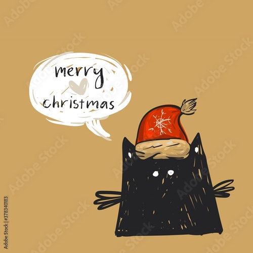 Hand drawn vector abstract Merry Christmas greeting card template with cute black cat in red Santa Claus hat haracter with speech bubble and modern calligraphy phase Merry Christmas.Happy New Year