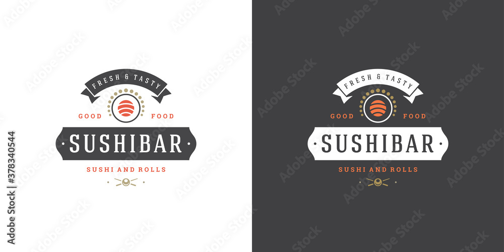 Sushi logo and badge japanese food restaurant with sushi salmon roll asian kitchen silhouette vector illustration