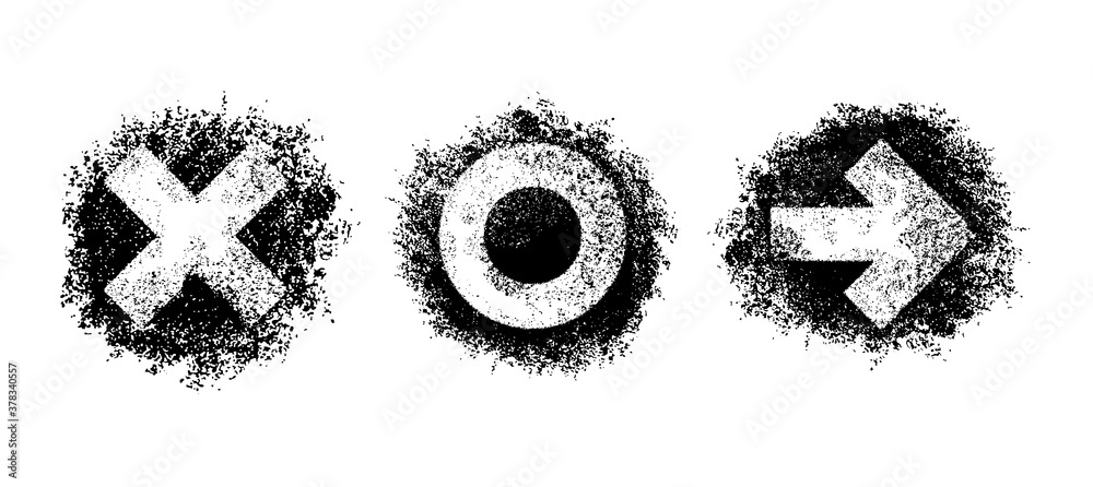 Grungy graffity sprayer elements set - X (cross), 0, (zero or circle) and arrow - black and off white decorative shapes Grungy graffity sprayer elements set - X (cross), 0, (zero or circle) and arrow - black and off white decorative shapes