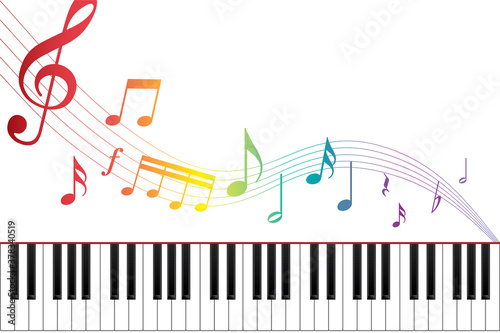 ピアノ鍵盤とカラフルな音符のイメージ piano and  colorful music score note concept image illustration