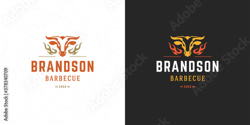 Barbecue logo vector illustration grill steak house or bbq restaurant menu emblem bull head silhouette