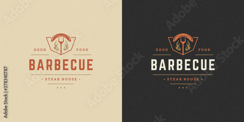 Barbecue logo vector illustration grill steak house or bbq restaurant menu emblem fork with sausage silhouette