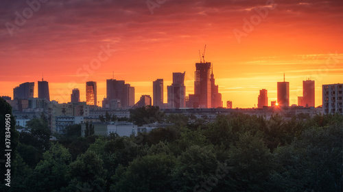 Panorama of skyscrapers in the center of Warsaw during sunrise  Poland