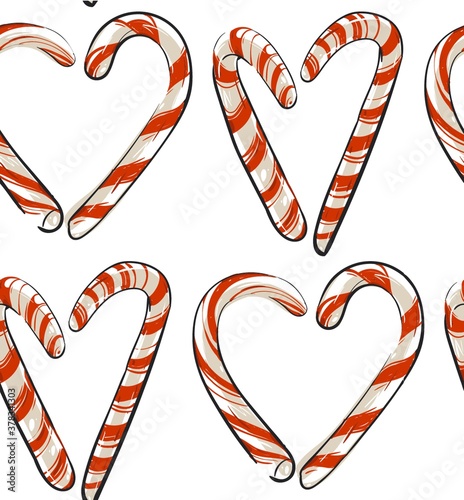 Hand drawn vector abstract Christmas seamless pattern with candy canes in heart shape isolated on white background.Christmas menu design.Happy New Year and Merry Christmas concept.Wrapping papper