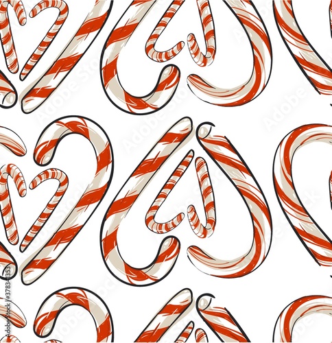 Hand drawn vector abstract Christmas seamless pattern with candy canes in heart shape isolated on white background.Christmas menu design.Happy New Year and Merry Christmas concept.Wrapping papper