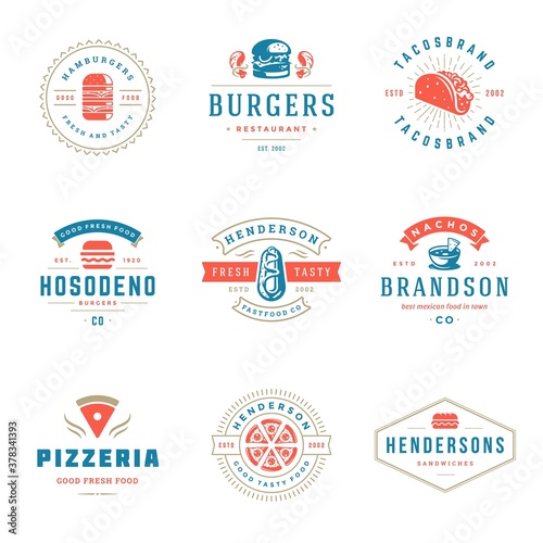 Fast food logos set vector illustration good for pizzeria or burger shop and restaurant menu badges with food silhouette