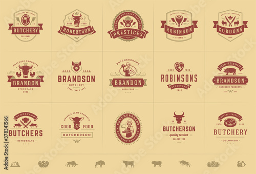 Butcher shop logos set vector illustration good for farm or restaurant badges with animals and meat silhouettes