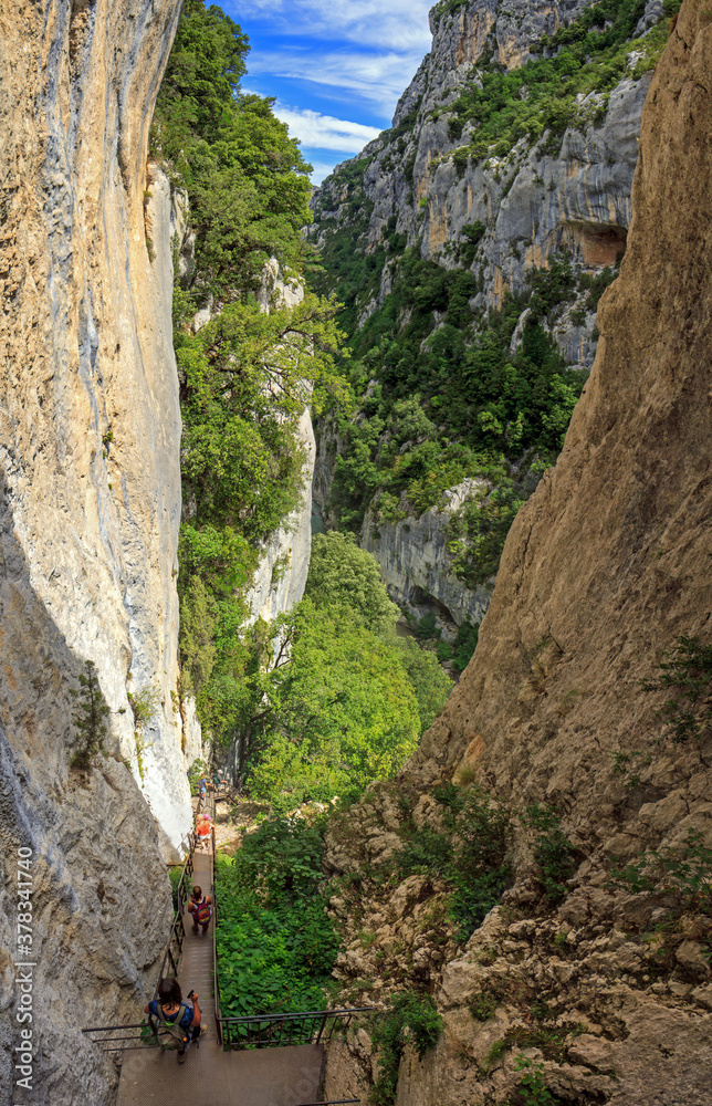 Verdon canyon: the steep ladders of Brèche Imbert, halfway the famous Martel hiking trail, France Verdon canyon: the steep ladders of Brèche Imbert, halfway the famous Martel hiking trail, France
