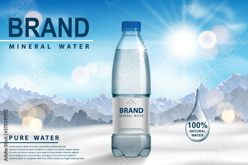 Mineral water ad, plastic bottle on snow with sunny mountain background. Transparent Drinking water Bottle design. 3d vector