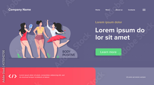 Happy girls admiring their bodies flat vector illustration. Body positive female characters smiling each other. Active women with plus size figures. Different beauty, fashion and healthy lifestyle