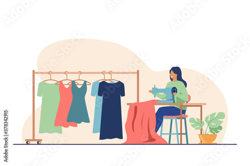 Woman sewing new dress on stitching machine. Seamstress, cloth, apparel flat vector illustration. Fashion and craftwork concept for banner, website design or landing web page