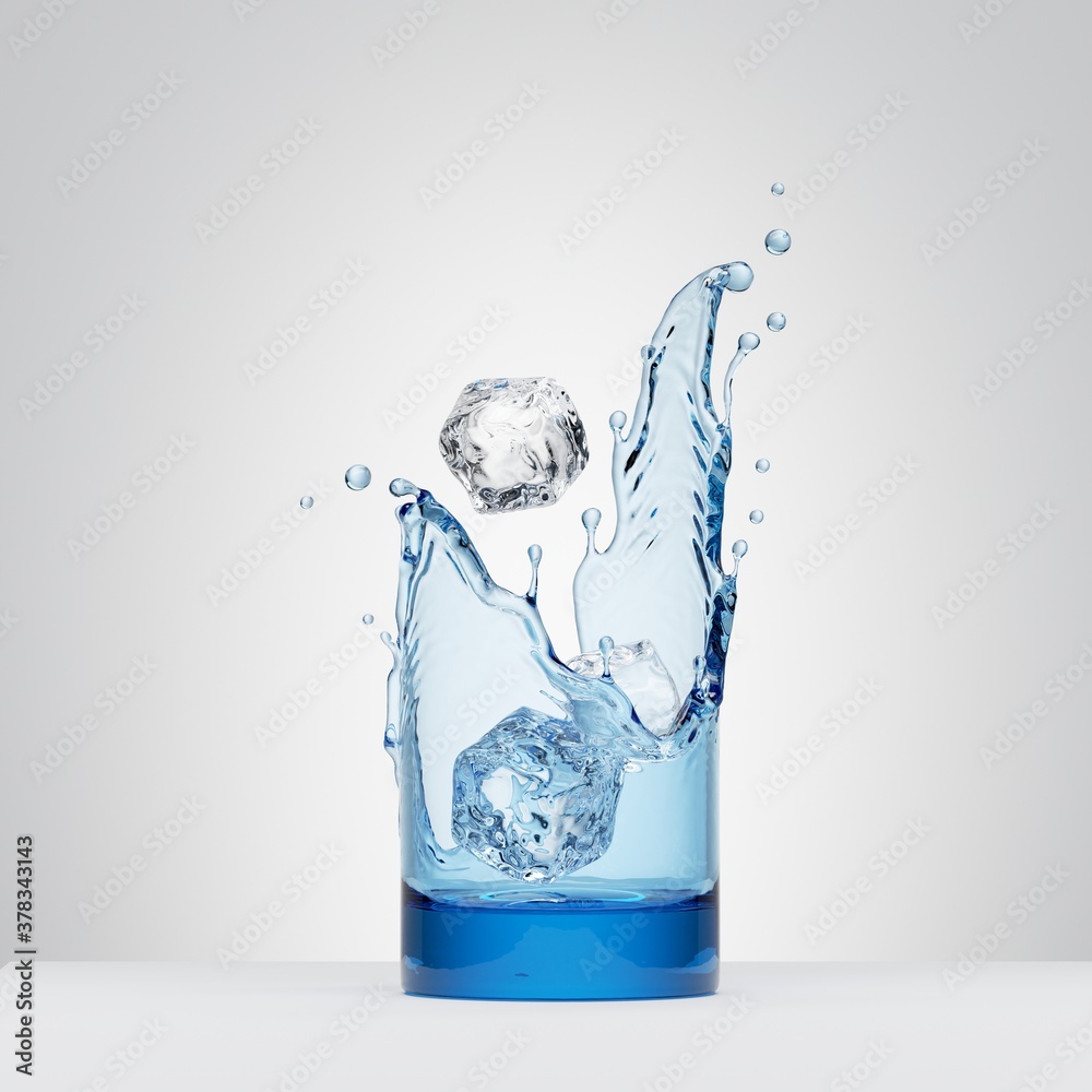 3d render, water splash in the shape of invisible glass with ice cubes ...