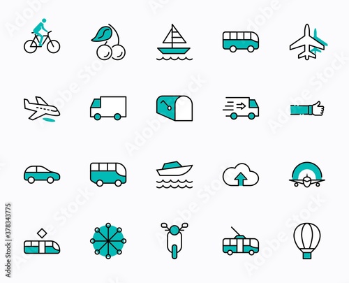 Set of Public Transport Related Vector Line Icons. Contains such Icons as Bus, Bike, Scooter, Car, balloon, Truck, Tram, Trolley, Sailboat, powerboat, Airplane and more. Editable Stroke. 32x32 Pixel