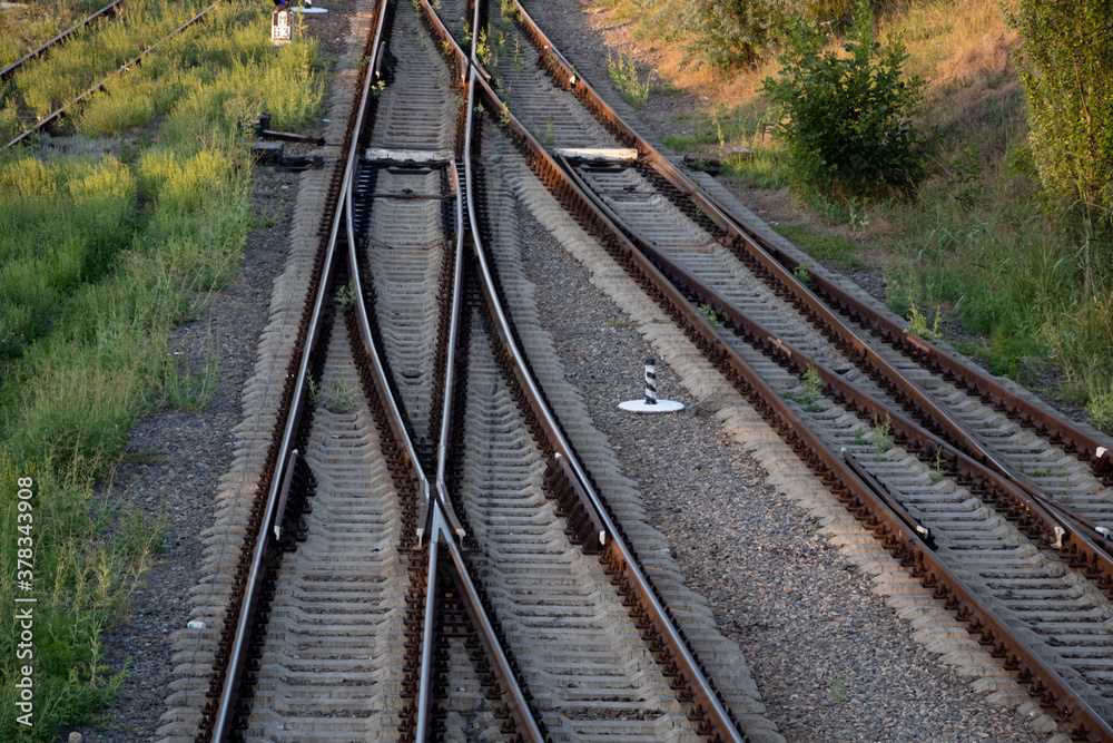 Fototapeta premium Summer railway tracks overgrown with green grass. Way out.