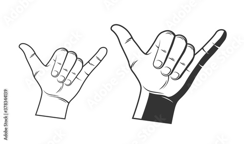 Surfer hand silhouette isolated on white background