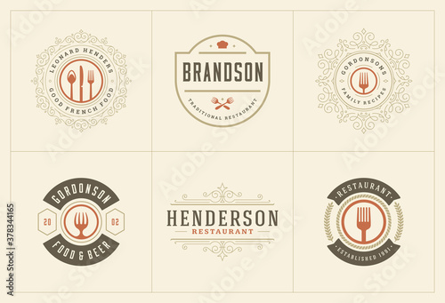 Restaurant logos templates set vector illustration good for menu labels and cafe badges